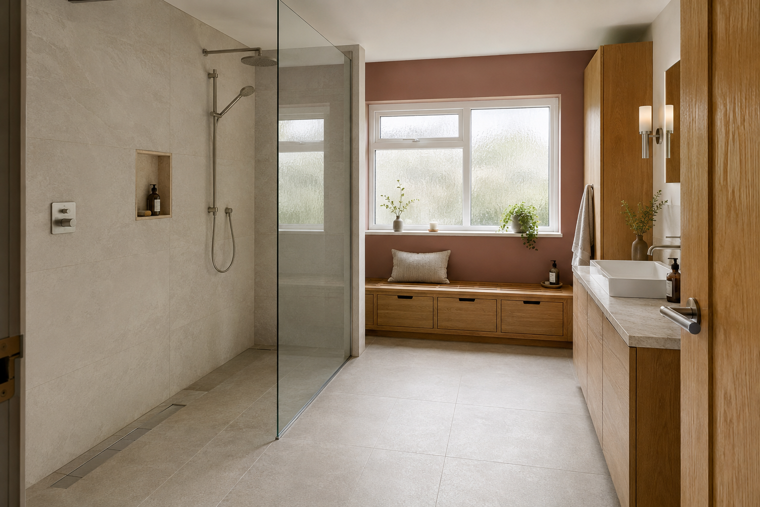 Bungalow bathroom with walk-in shower and oak bench storage
