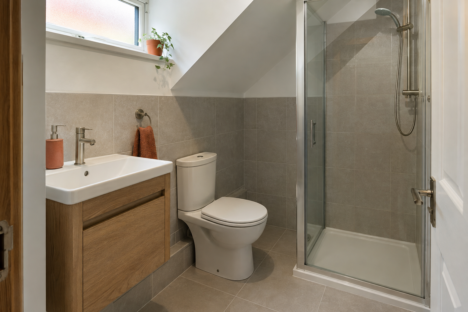 Sloped-ceiling en-suite with oak vanity and corner shower