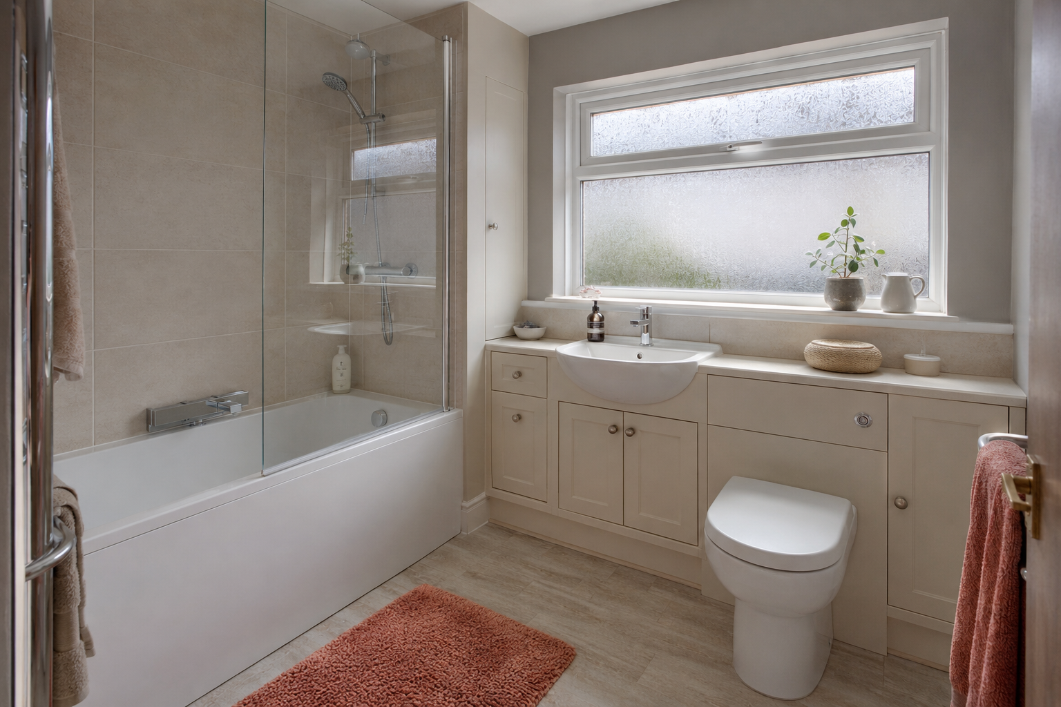 Family bathroom with fitted storage and shower-over-bath