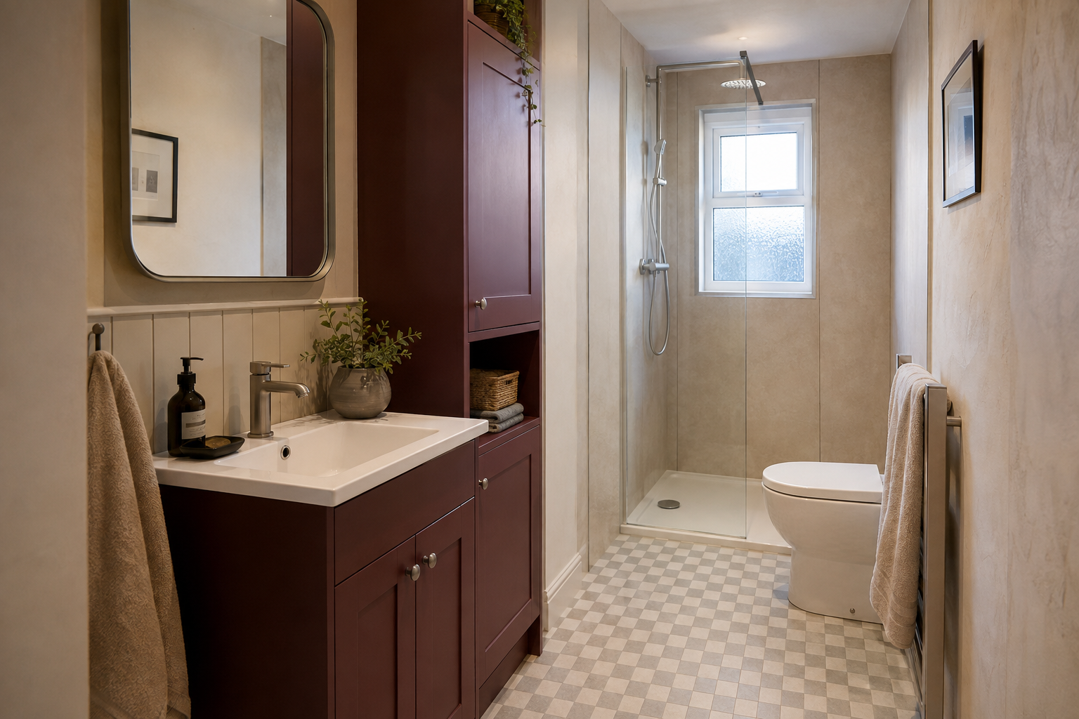 Narrow bathroom with burgundy storage and cream shower panels