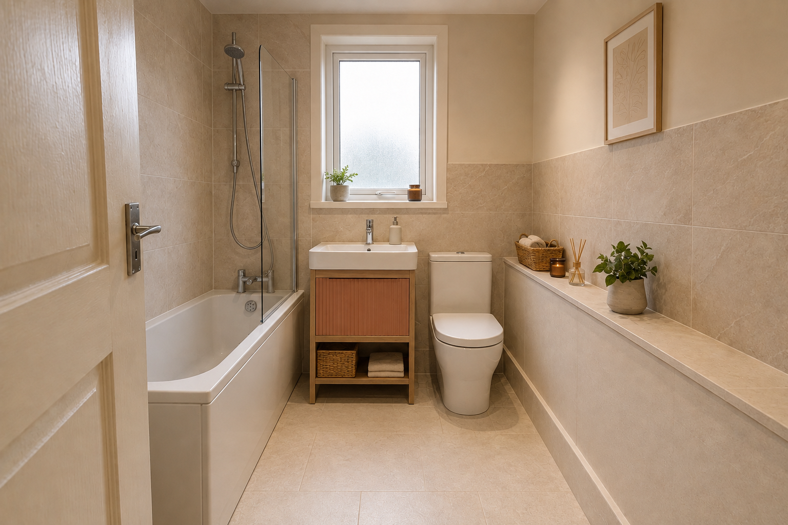 Example finished bathroom transformation with the same window, doorway and room proportions