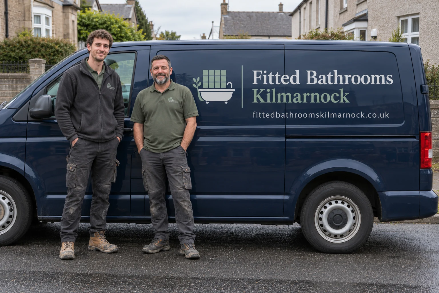 Two men in workwear beside a professionally signwritten Fitted Bathrooms Kilmarnock van