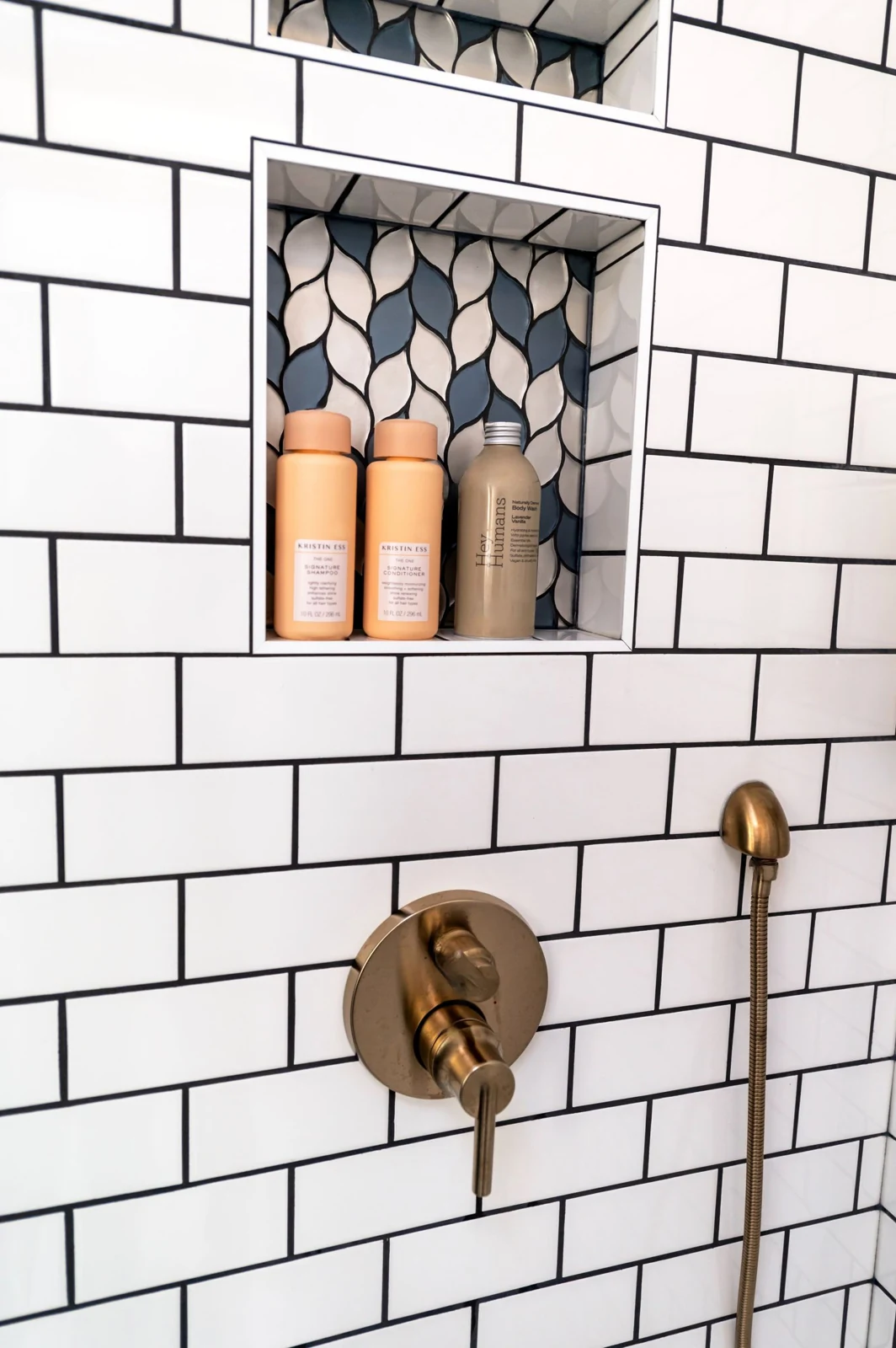 Recessed shower shelf and controls