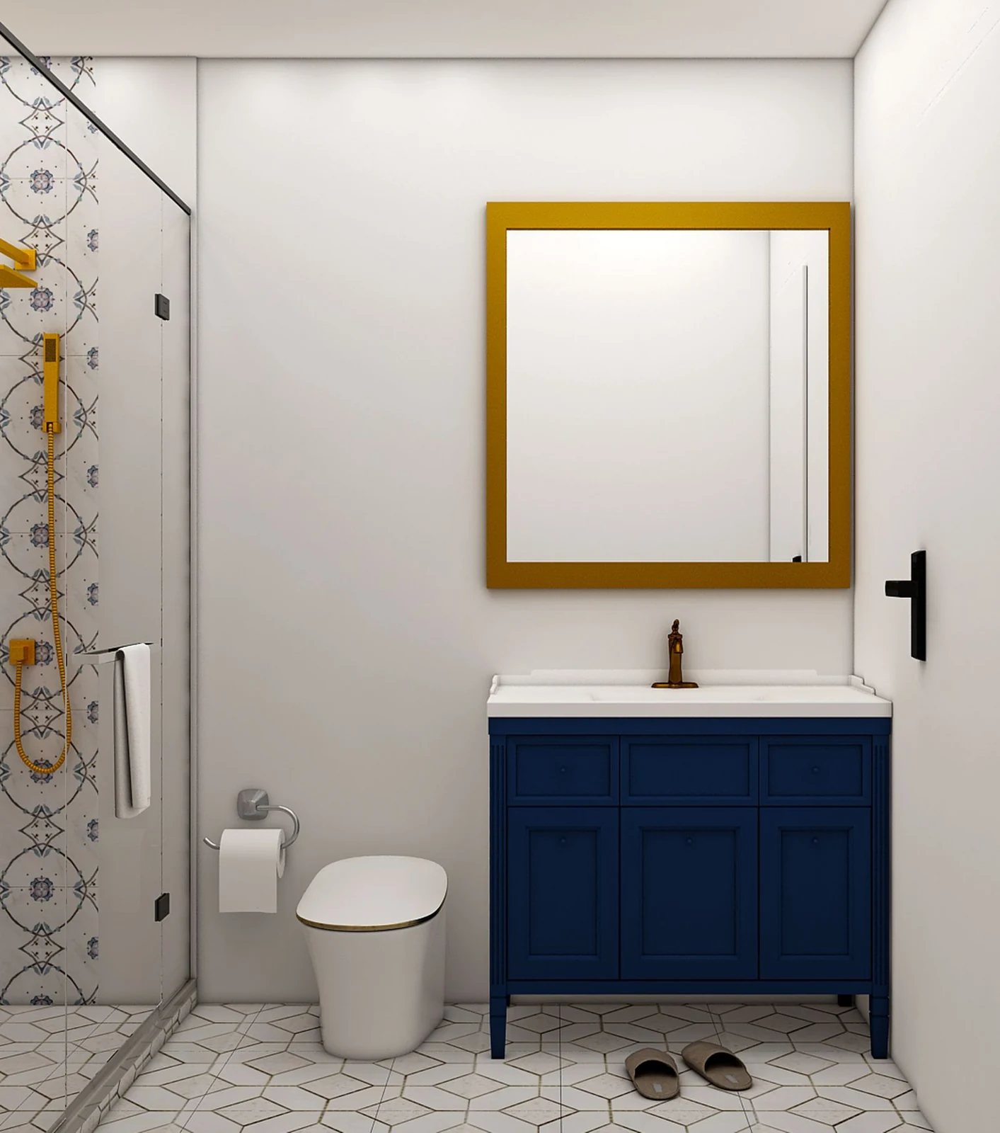 Stylish modern bathroom with a blue vanity, glass shower, and geometric floor tiles