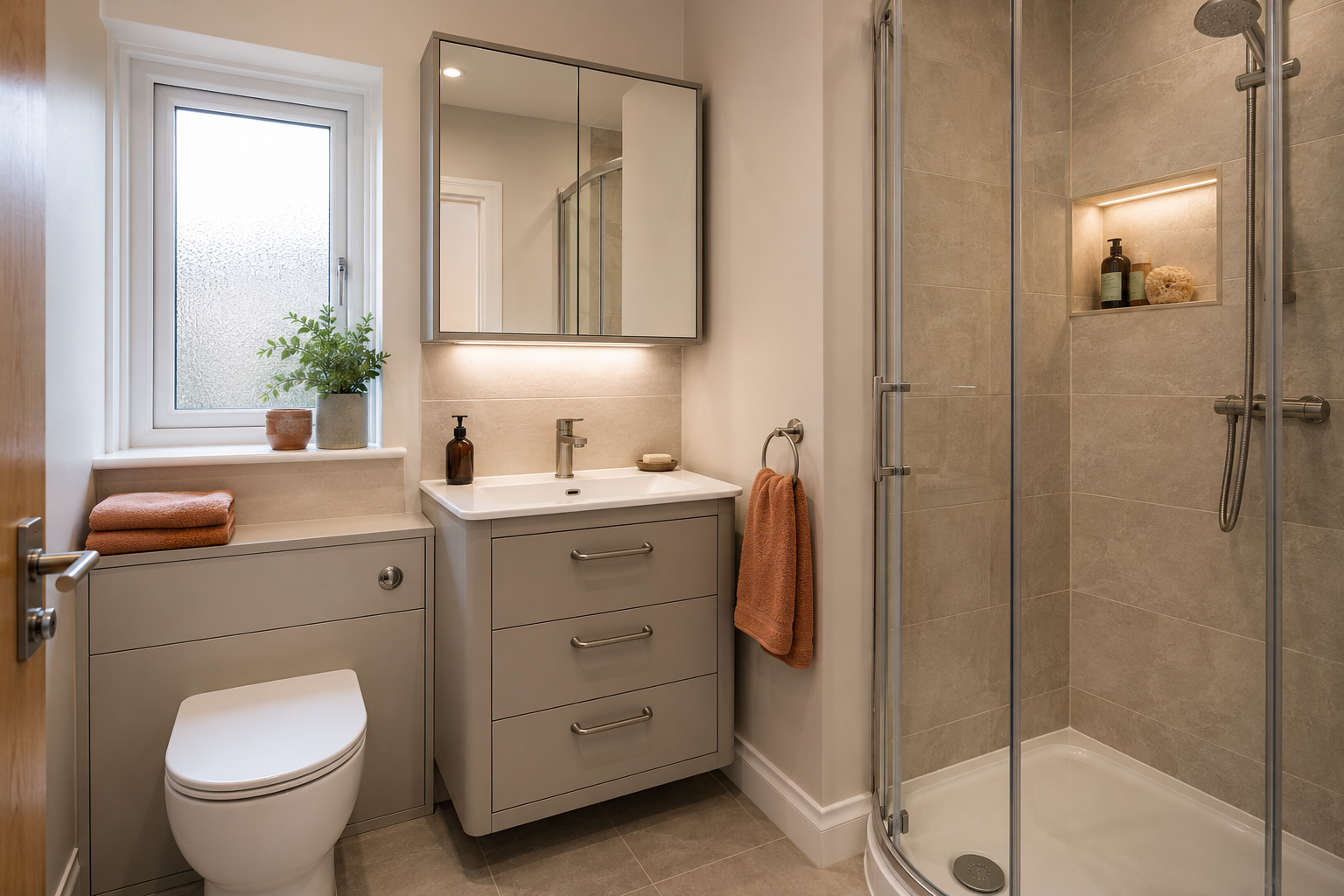 Small bathroom with slim storage, mirrored cabinet and compact fittings